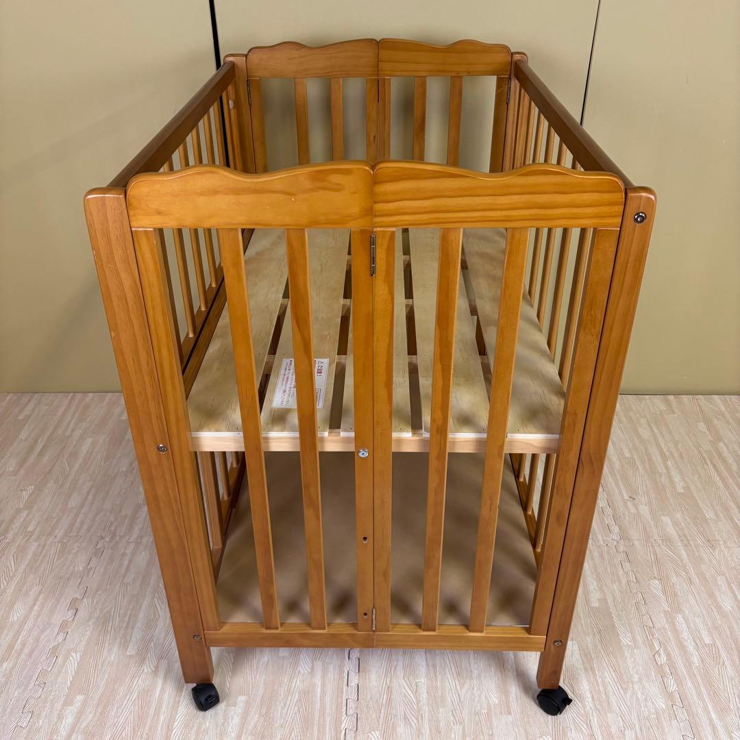 ☆除菌清掃済☆大和屋　パタン　折りたたみミニベビーベッド　すのこ　ライトブラウン