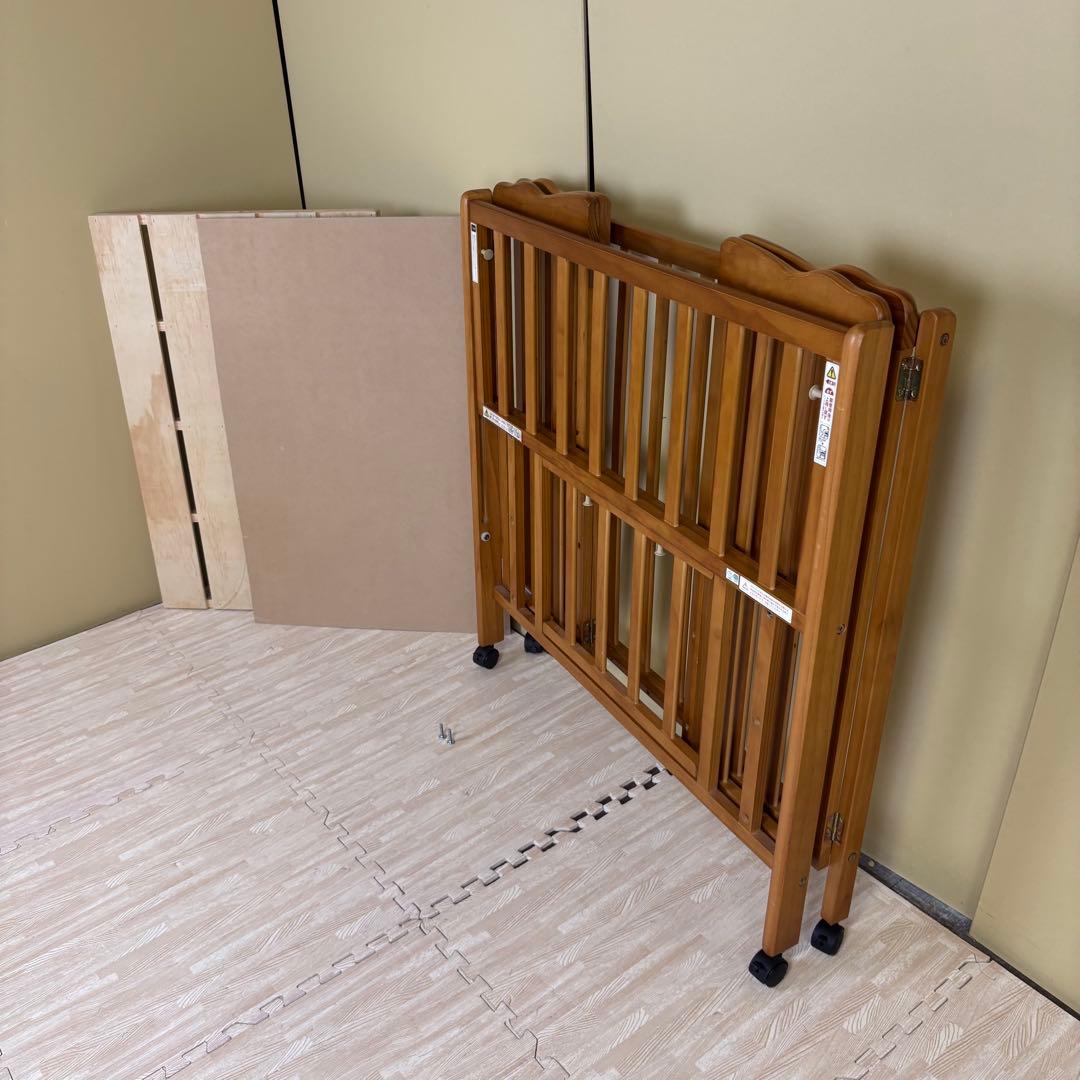 ☆除菌清掃済☆大和屋　パタン　折りたたみミニベビーベッド　すのこ　ライトブラウン