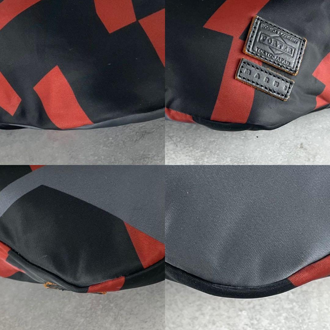 極美品 マルニ ポーター ボディバッグ ストライプ ナイロン ブラックレッド