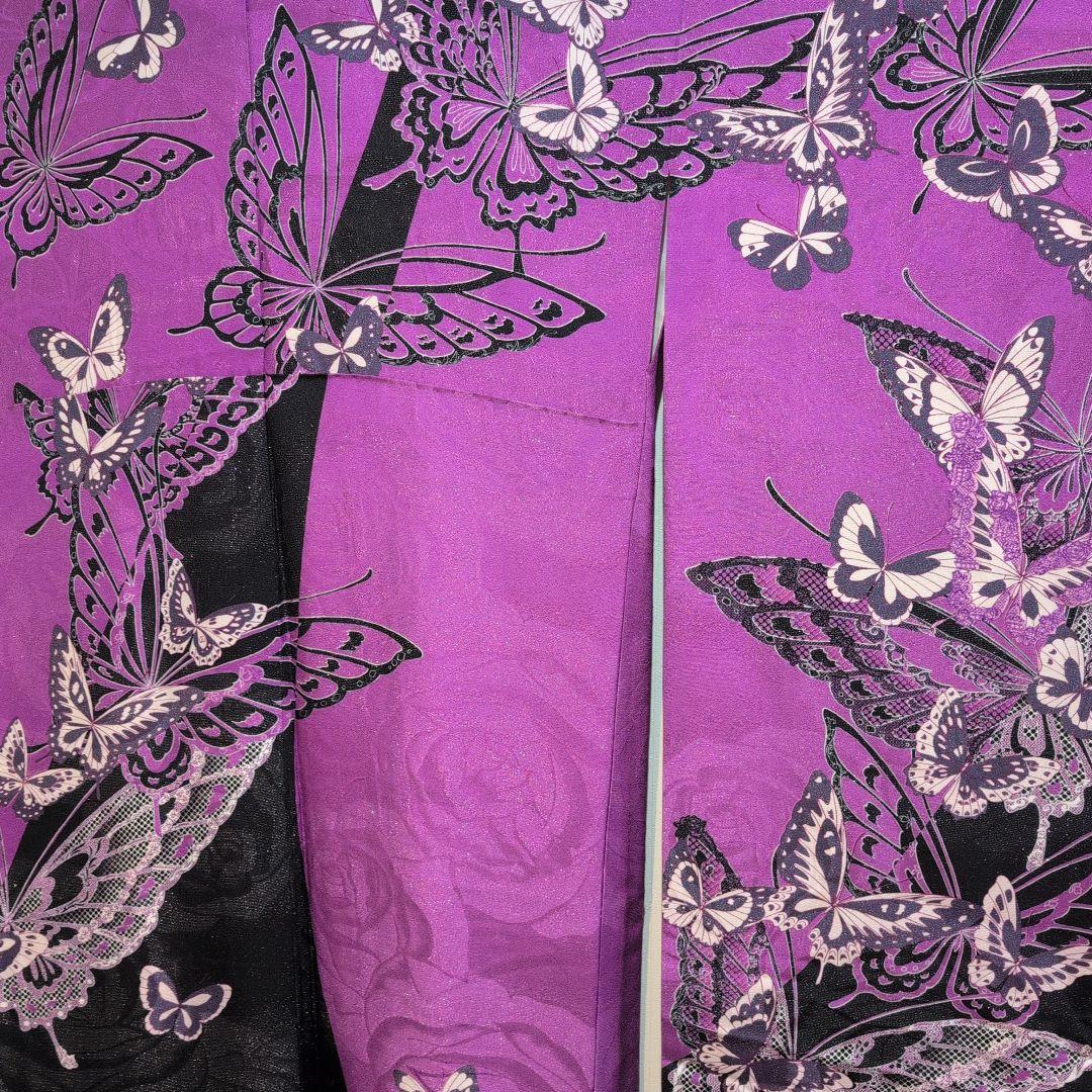 【美品】紫と黒の蝶模様の振袖＆帯のセット