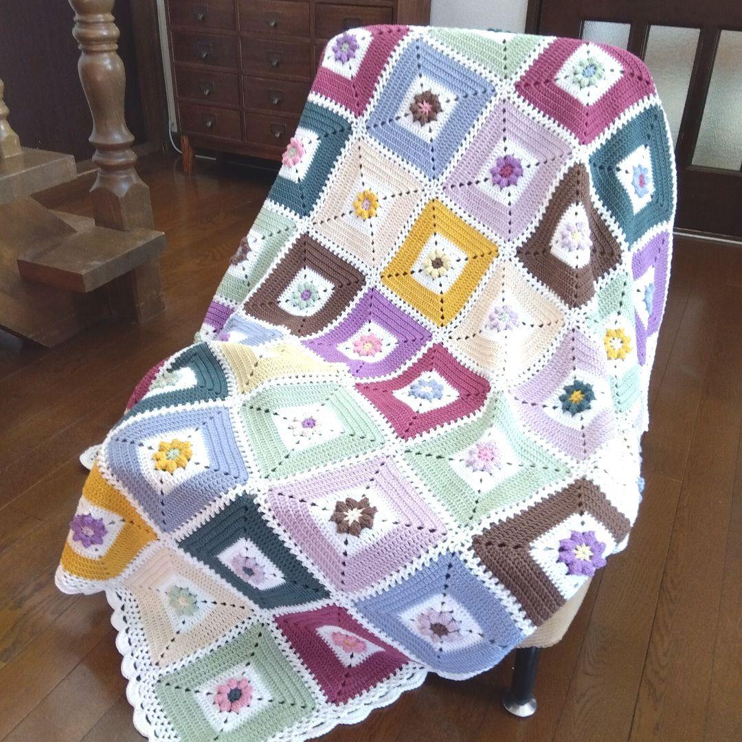 モチーフ編みブランケット　マルチカバー　コットン