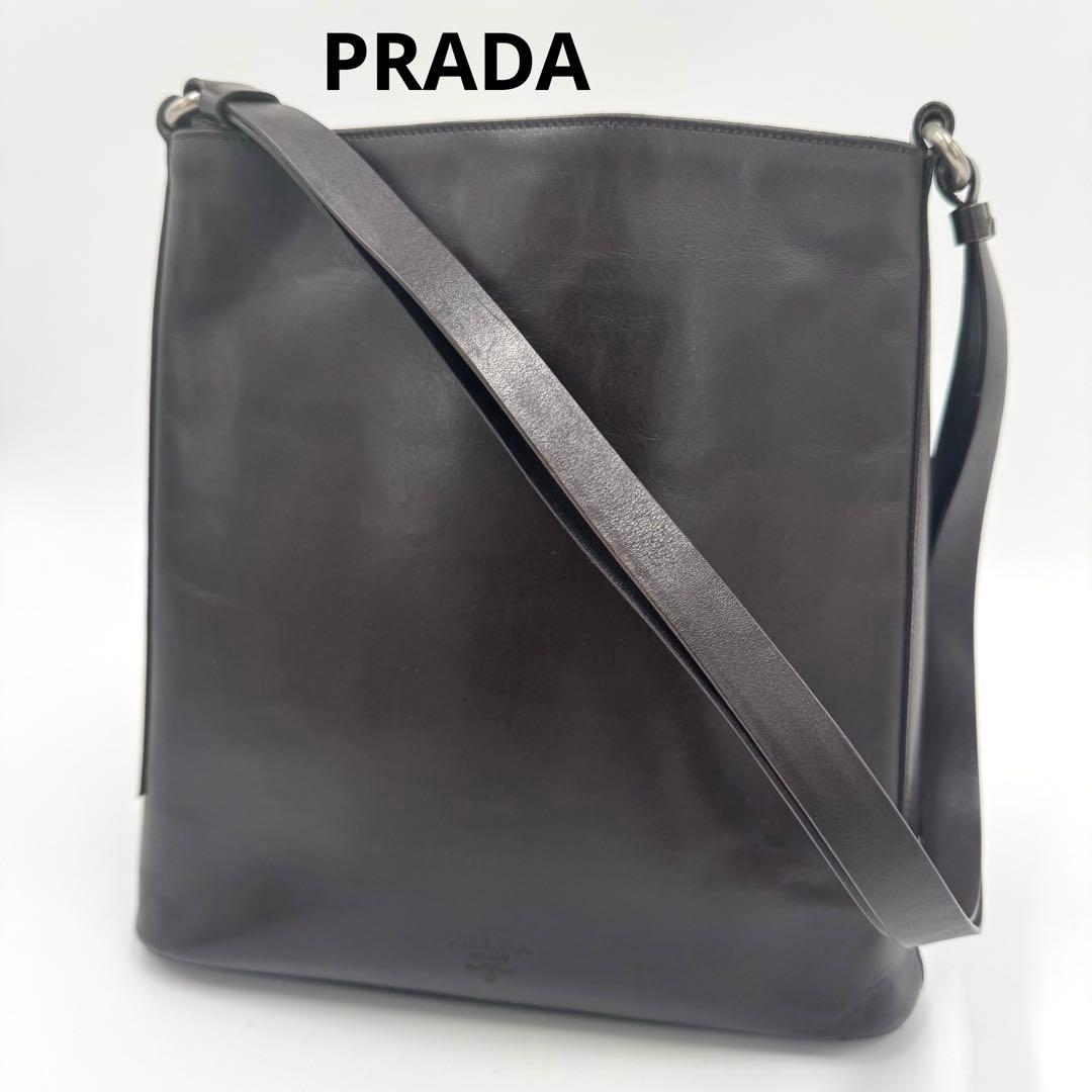 PRADA プラダ カーフ レザー ショルダーバッグ 肩掛け ダークブラウン