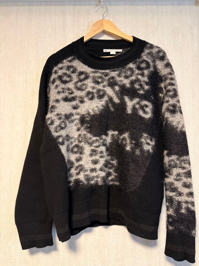 Y-3 レオパード クルーネック ニット セーター　ブラック