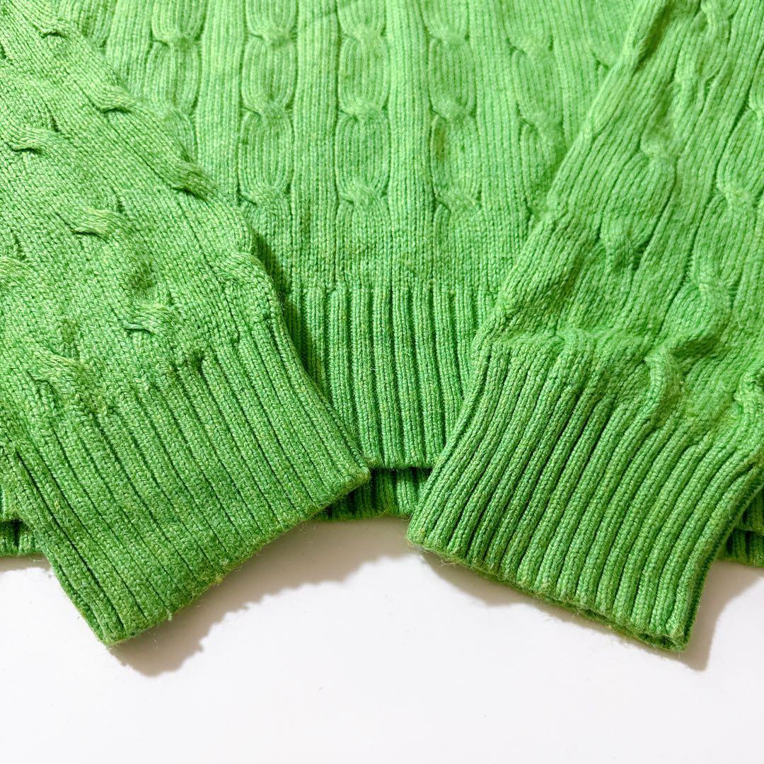 シルク100✨ポロバイラルフローレン Vネックケーブルニット ポニー L 緑