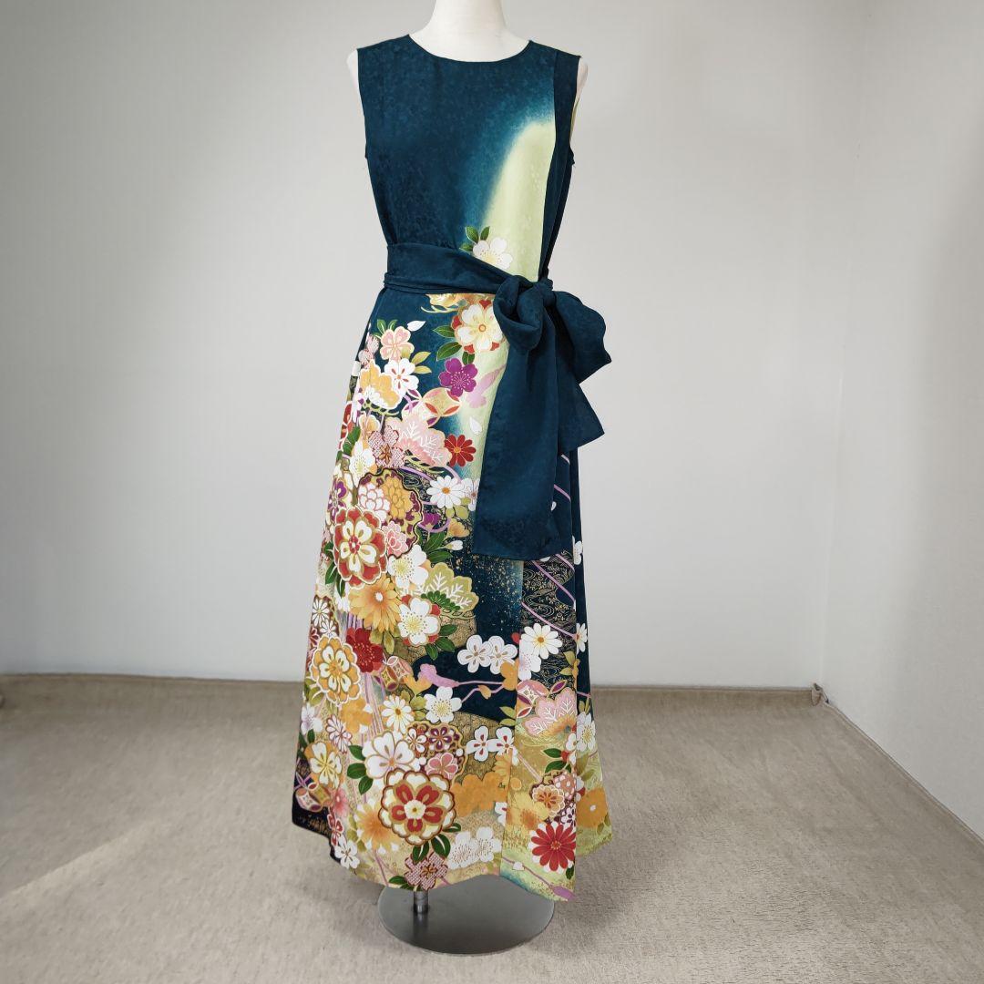 zunezune 振袖ドレス トールサイズ ノースリーブ 着物リメイク 深緑