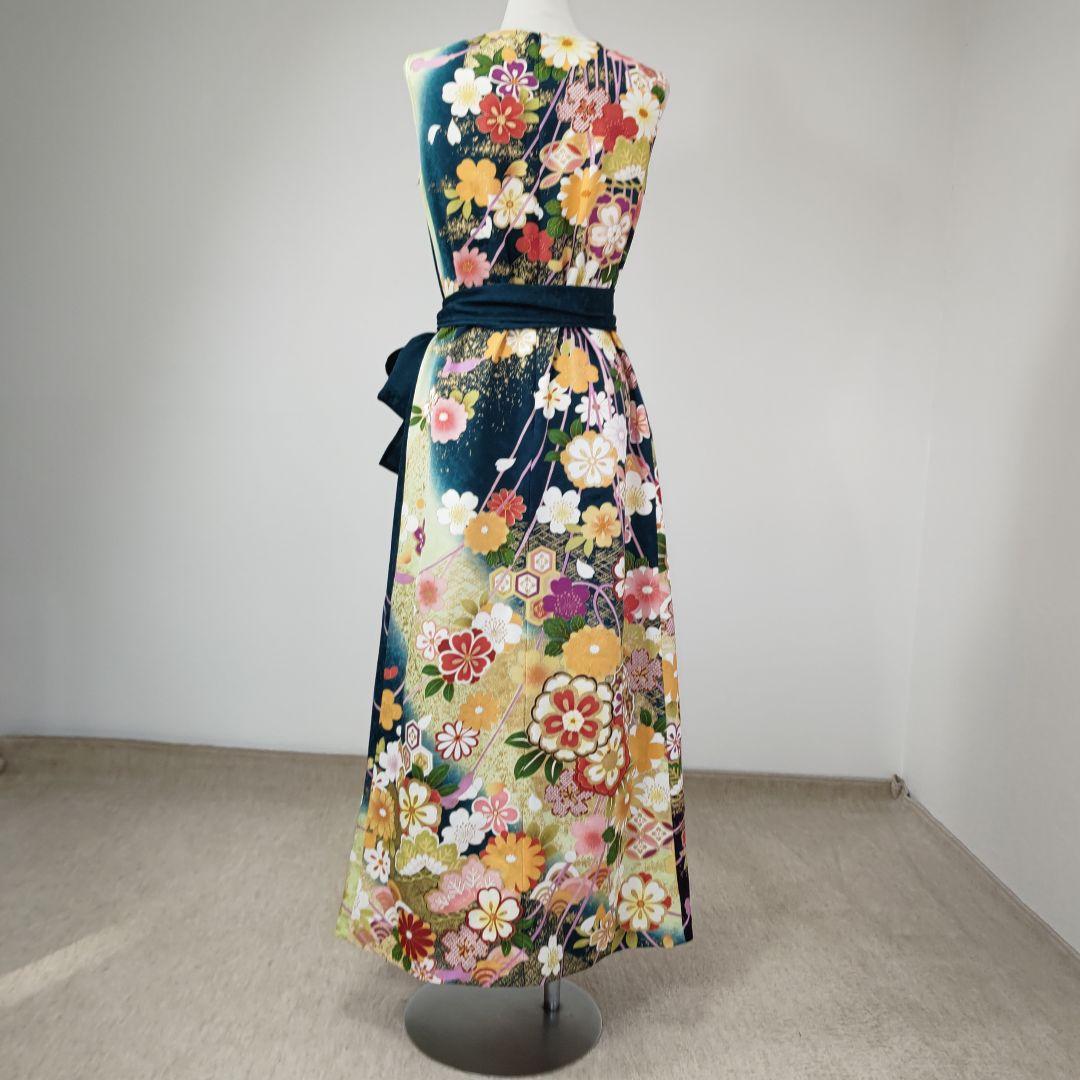 zunezune 振袖ドレス トールサイズ ノースリーブ 着物リメイク 深緑