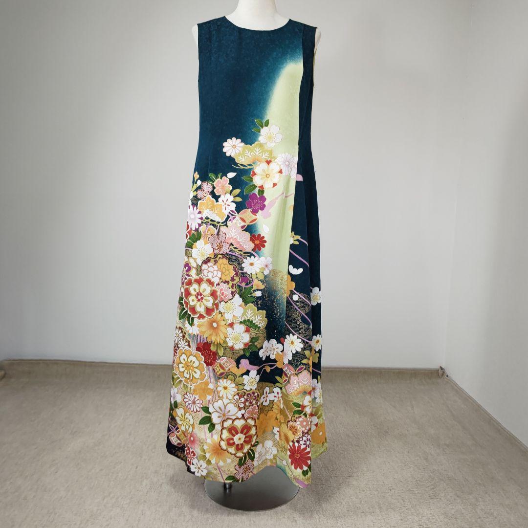 zunezune 振袖ドレス トールサイズ ノースリーブ 着物リメイク 深緑