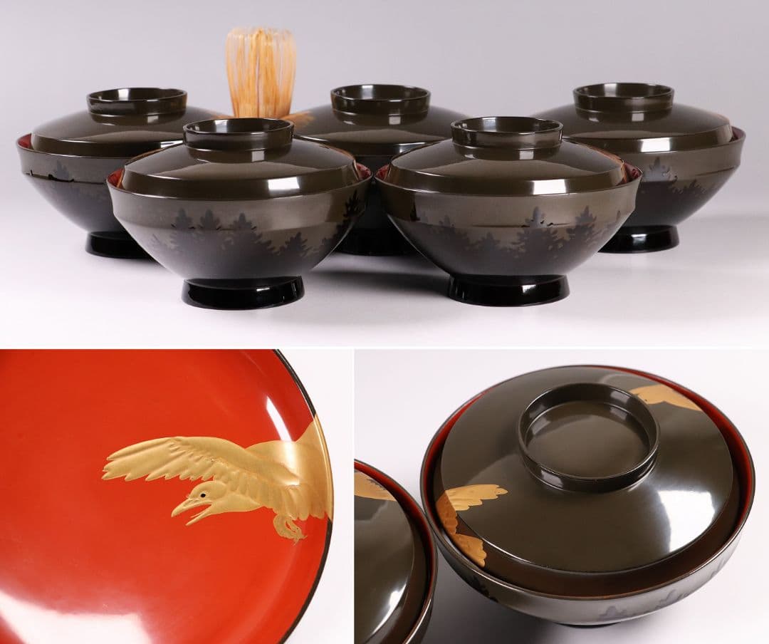 CL16 時代木製漆器 森に鳥 金蒔絵 吸物椀 五客 黒塗 朱塗 闇絵