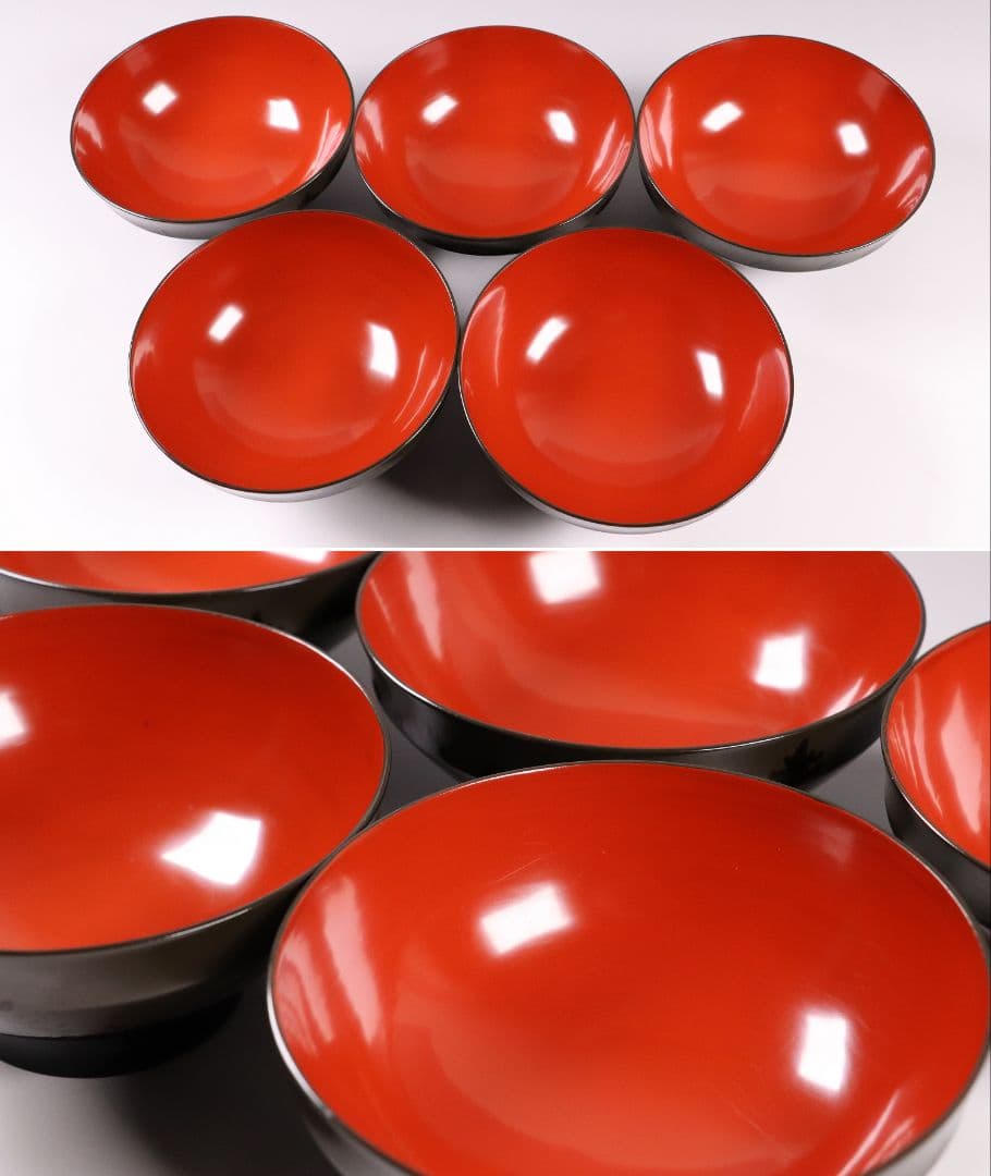 CL16 時代木製漆器 森に鳥 金蒔絵 吸物椀 五客 黒塗 朱塗 闇絵