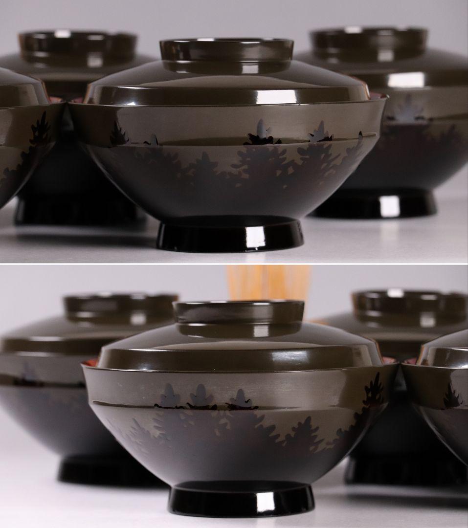 CL16 時代木製漆器 森に鳥 金蒔絵 吸物椀 五客 黒塗 朱塗 闇絵