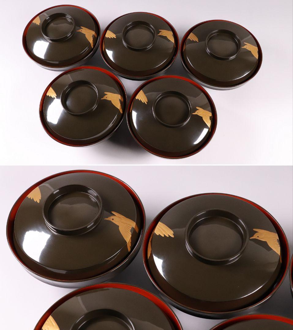 CL16 時代木製漆器 森に鳥 金蒔絵 吸物椀 五客 黒塗 朱塗 闇絵