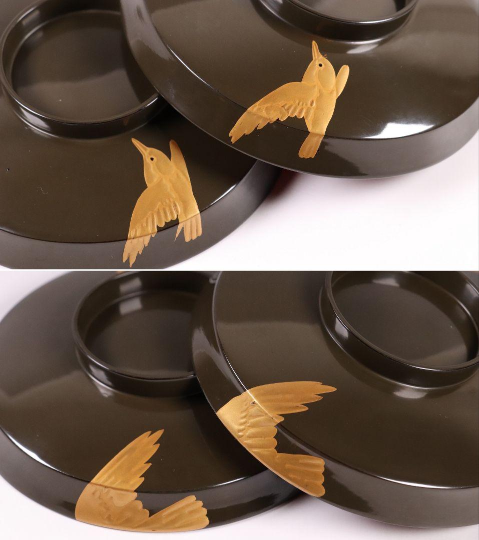 CL16 時代木製漆器 森に鳥 金蒔絵 吸物椀 五客 黒塗 朱塗 闇絵