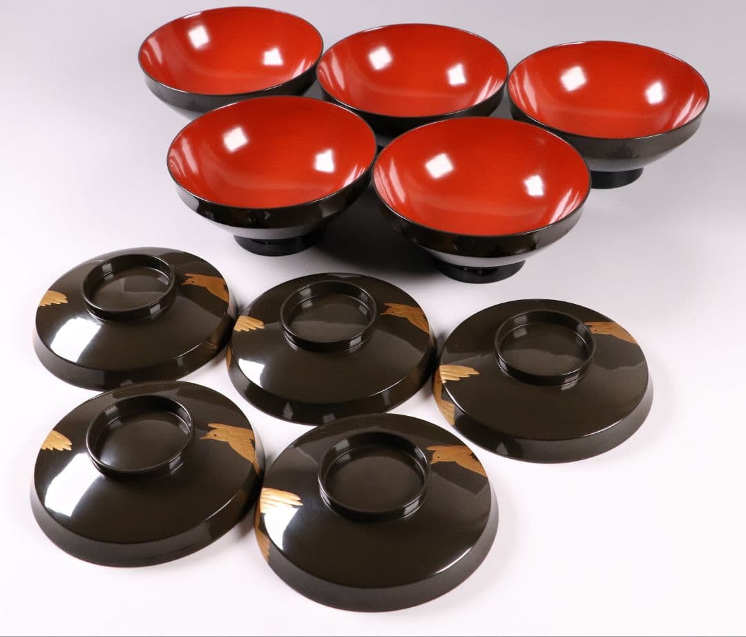 CL16 時代木製漆器 森に鳥 金蒔絵 吸物椀 五客 黒塗 朱塗 闇絵