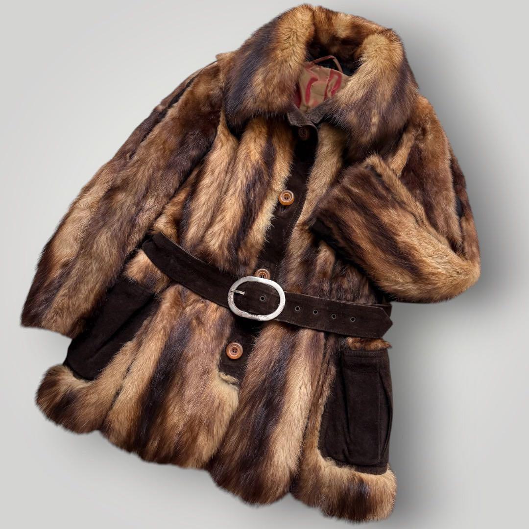 希少 フィッチ 毛皮コート リアルファーコート 本毛皮 レザーベルト