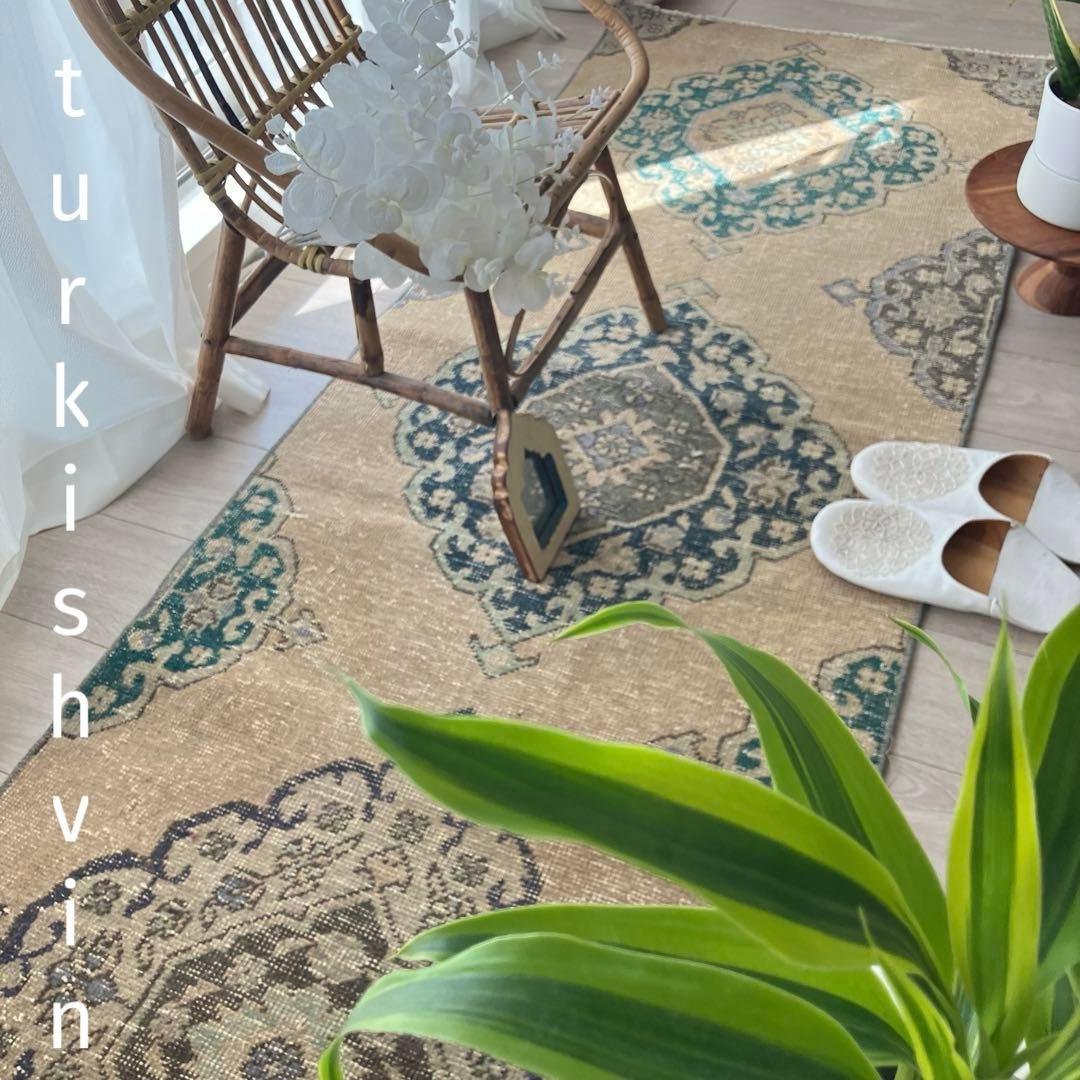 人気キャラメルベージュ68×208 ランナー　グリーン　トルコヴィンテージラグ