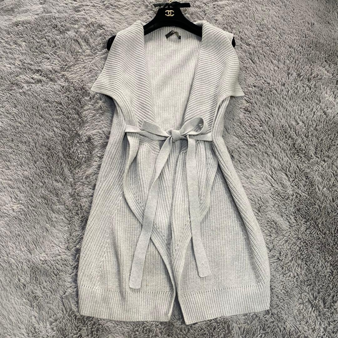 MaxMara 羊毛 ニットロングジレ グレー ウエストリボン L