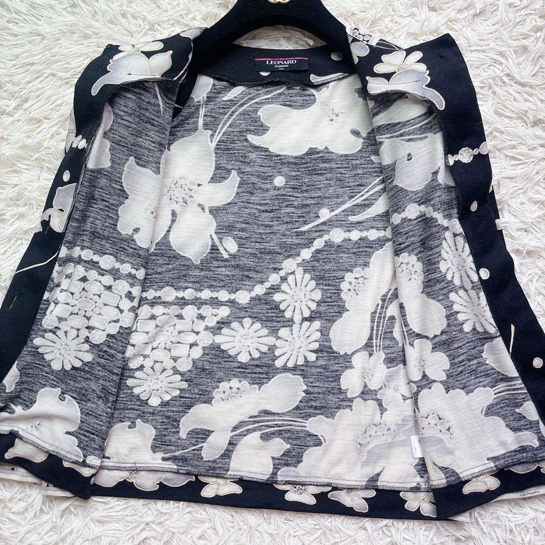 極美品✨レオナール 長袖 カーディガン 金釦 ロゴ トリム 肩パット M