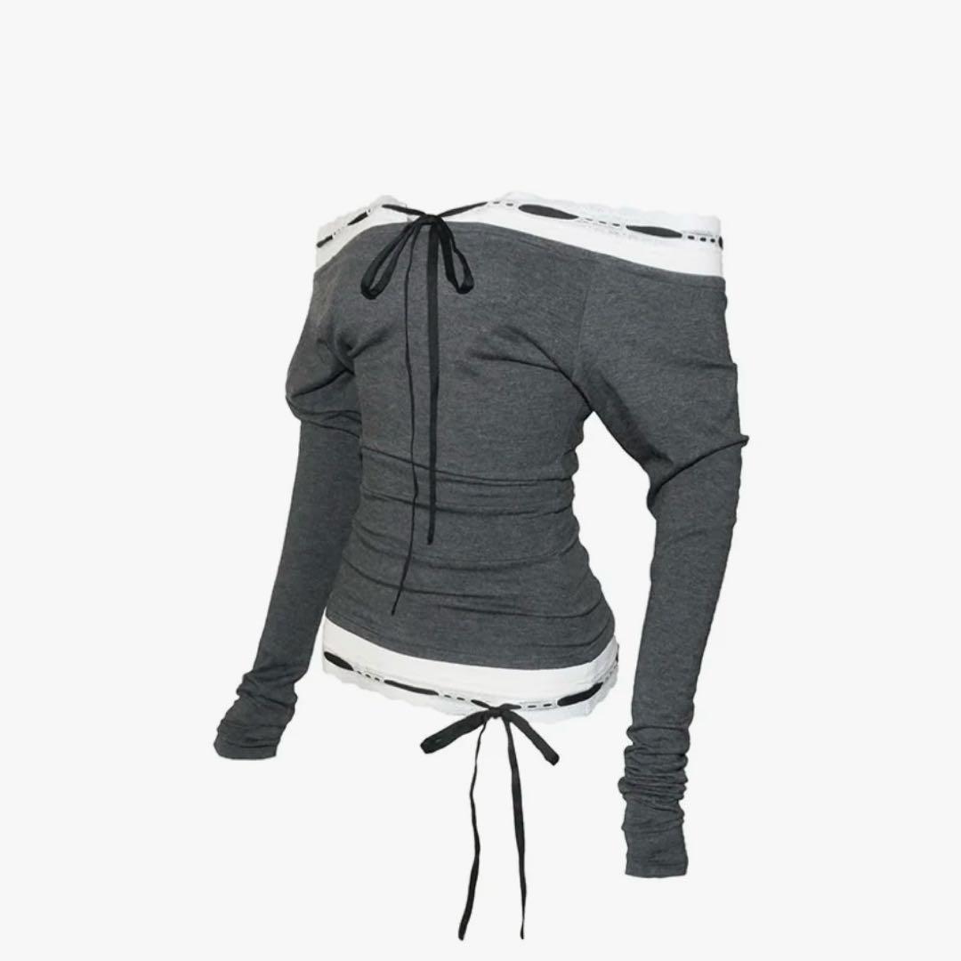 トップス S lace trim off shoulder tops Gray