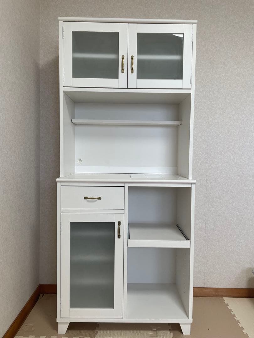 モモナチュラル　ホワイト木製食器棚 ガラス扉付き