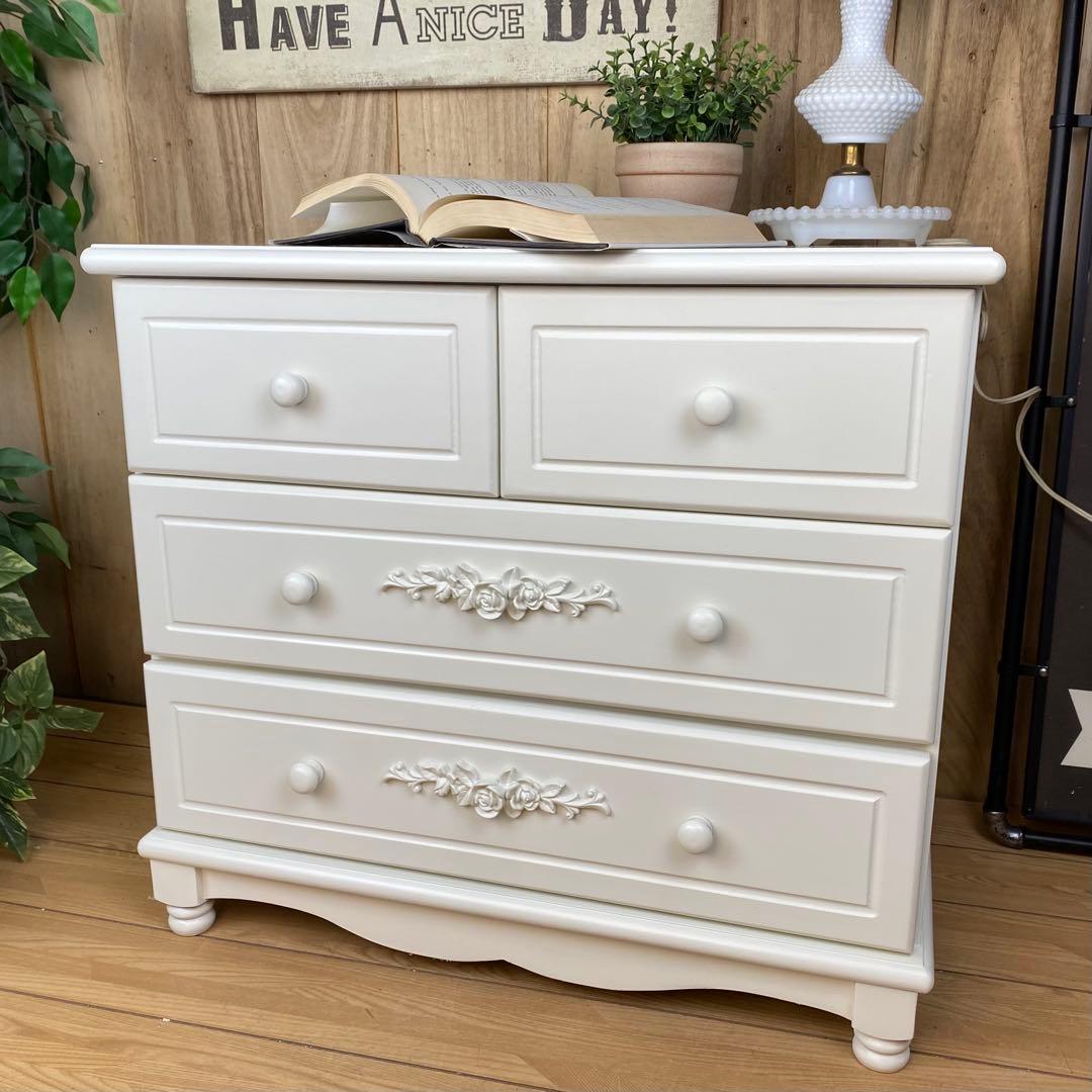 フレンチカントリー北欧調ホワイトチェスト三段四つ引き木製洋タンス収納姫系姫かわ