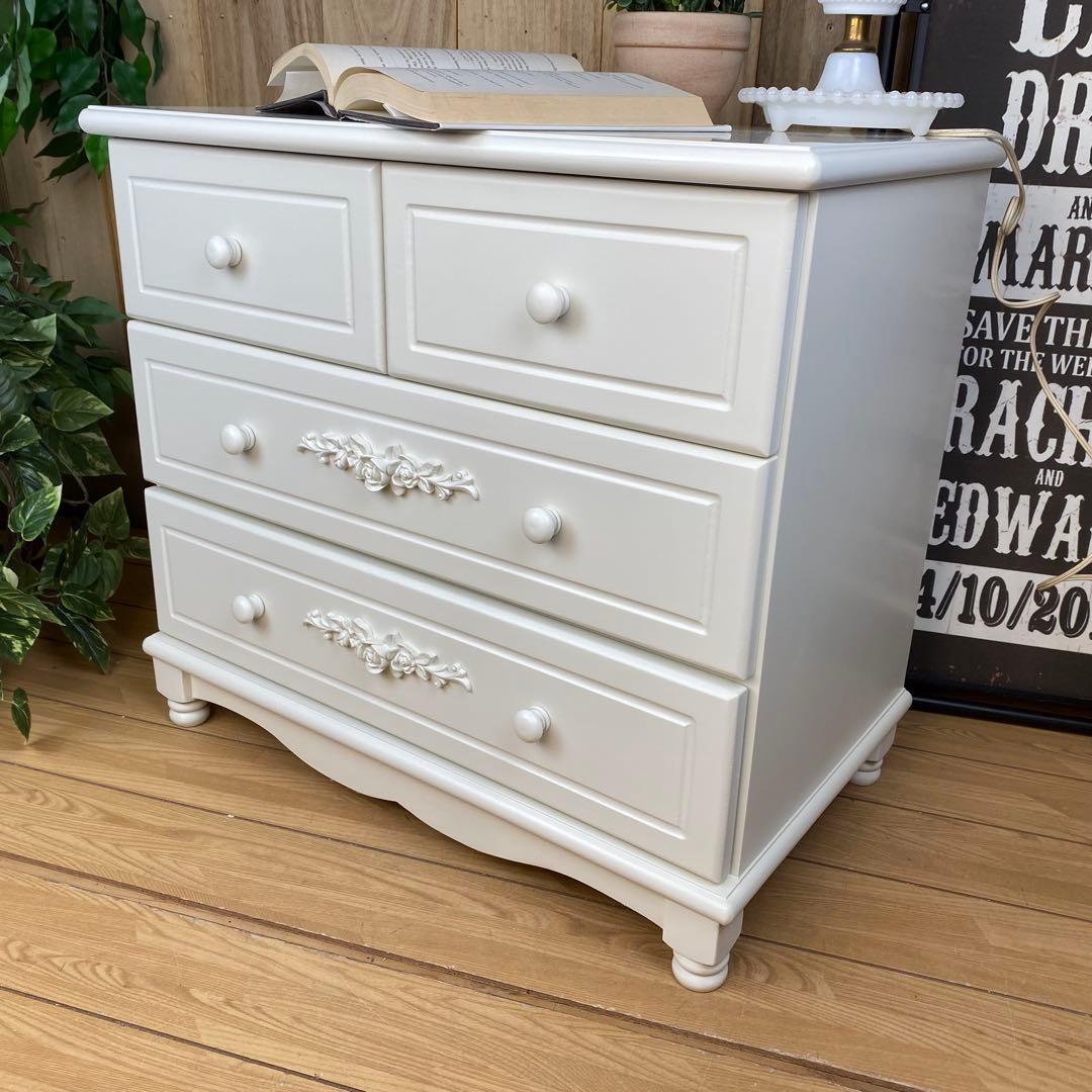 フレンチカントリー北欧調ホワイトチェスト三段四つ引き木製洋タンス収納姫系姫かわ