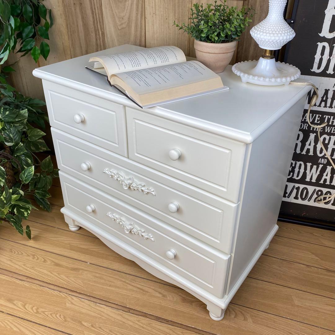 フレンチカントリー北欧調ホワイトチェスト三段四つ引き木製洋タンス収納姫系姫かわ