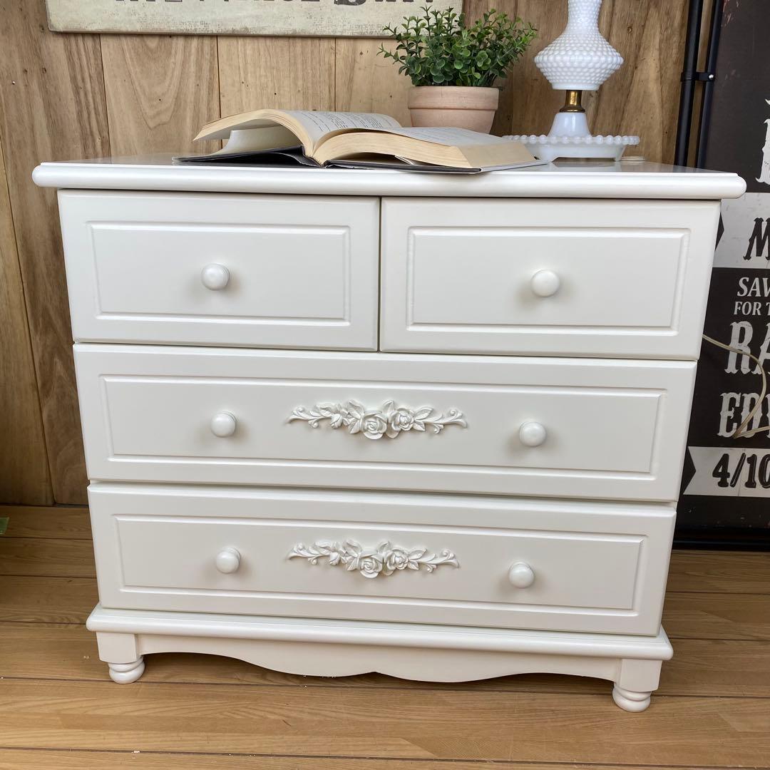 訳あり品！【119】フレンチ調ホワイトチェスト三段四つ引き木製収納家具姫系タンス