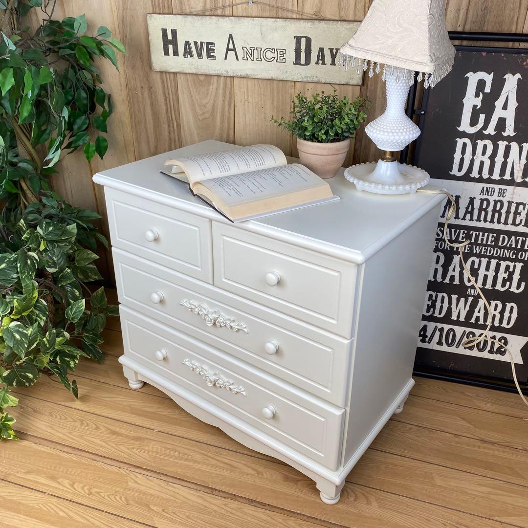 訳あり品！【119】フレンチ調ホワイトチェスト三段四つ引き木製収納家具姫系タンス