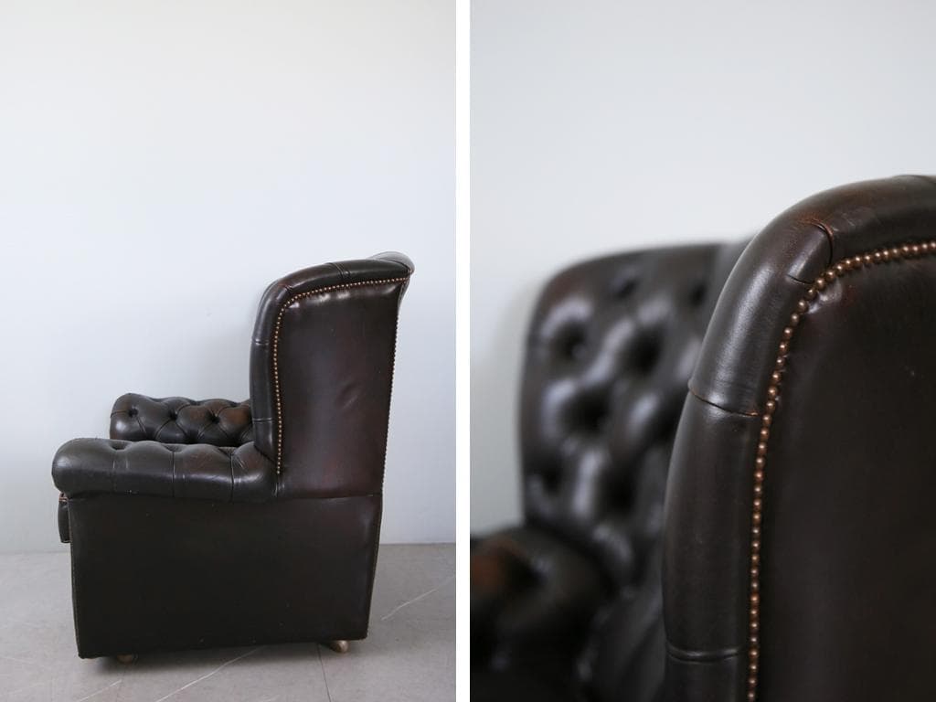 英国アンティークチェスターフィールドアームチェア/本革レザーソファー89-187