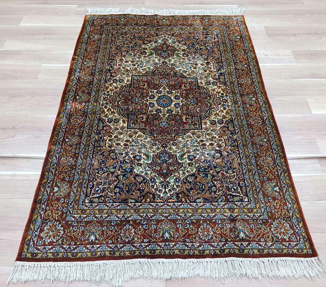 Y3253 インド絨毯 シルク×コットン 手織り 186×119㎝ マット