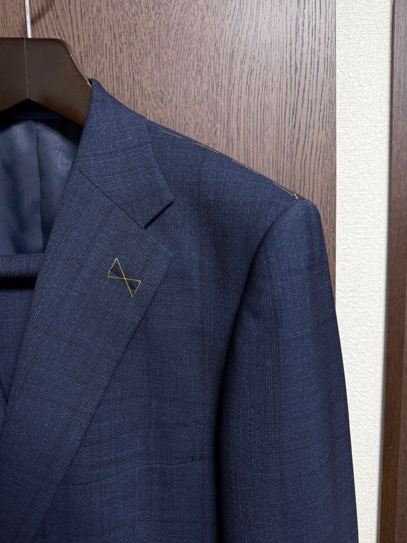 AB6新品未使用！最高級イタリア素材ロロピアーナ！ネイビーチェック柄スーツ！小訳