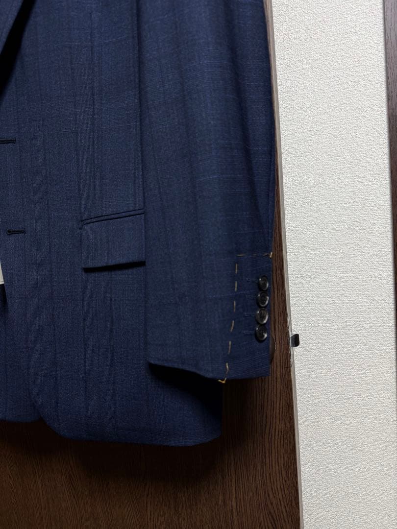 AB6新品未使用！最高級イタリア素材ロロピアーナ！ネイビーチェック柄スーツ！小訳