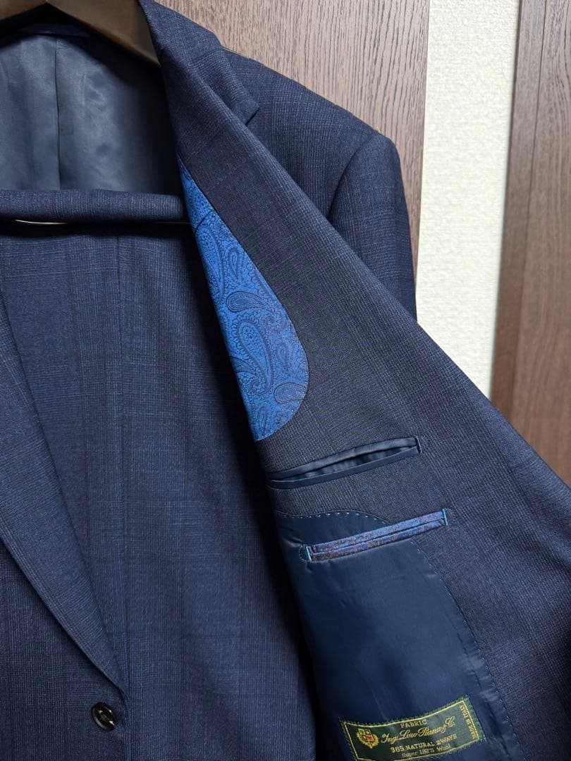 AB6新品未使用！最高級イタリア素材ロロピアーナ！ネイビーチェック柄スーツ！小訳