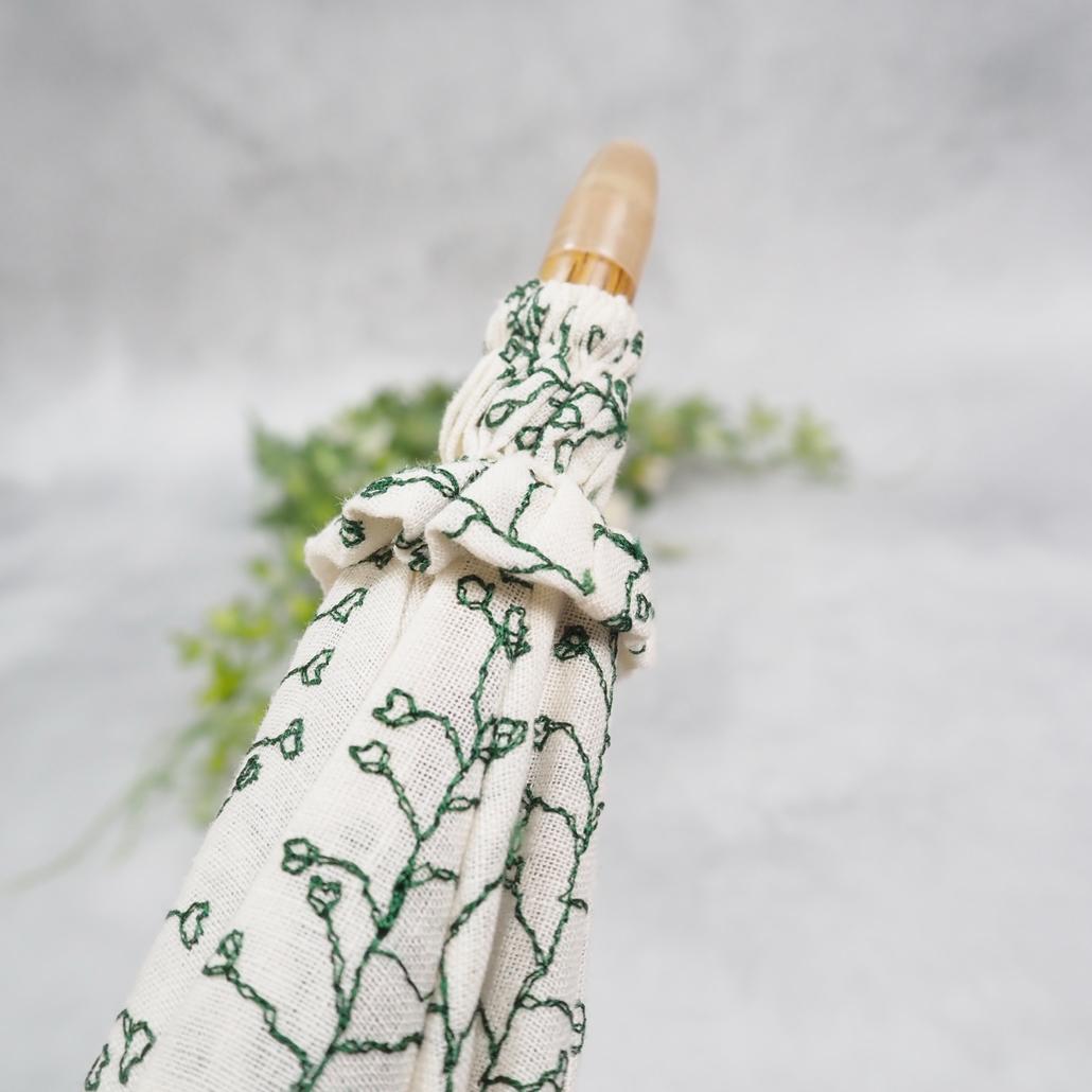 美品 イイダ傘店 日傘 ぺんぺん草 綿麻 刺繍 総柄 UVカット加工 45cm