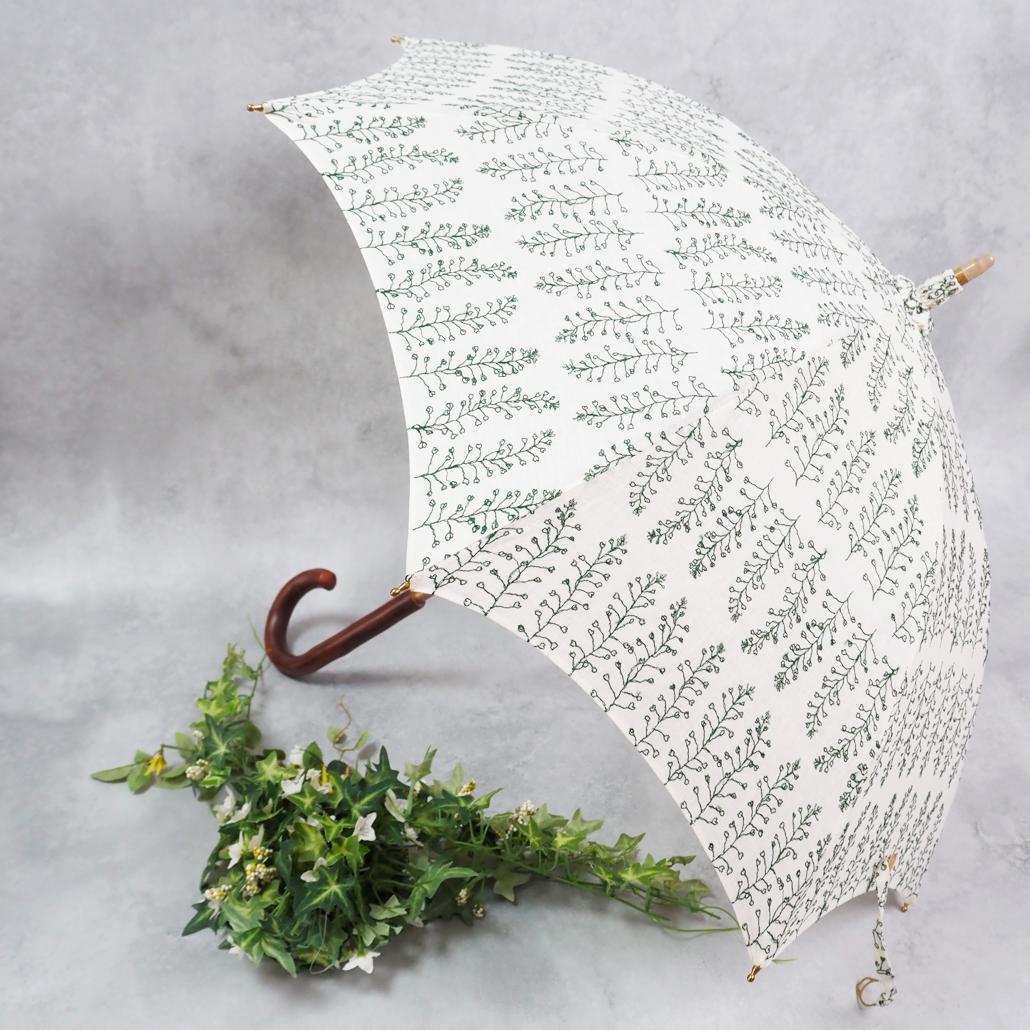 美品 イイダ傘店 日傘 ぺんぺん草 綿麻 刺繍 総柄 UVカット加工 45cm
