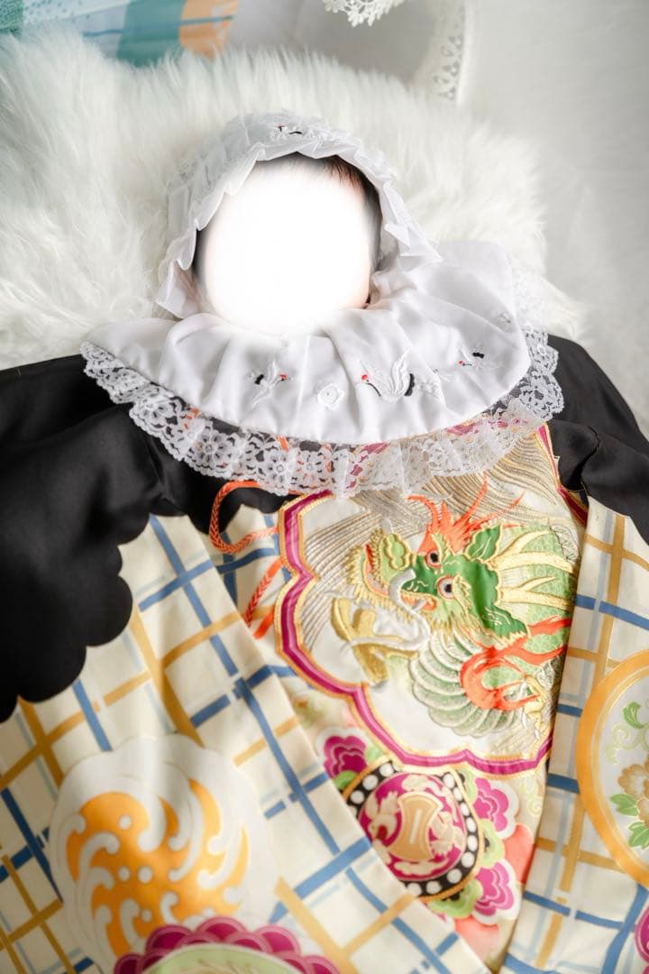 美品　豪華刺繍　お宮参り　産着　祝着　0歳　男の子　黒　龍　長襦袢なし　735