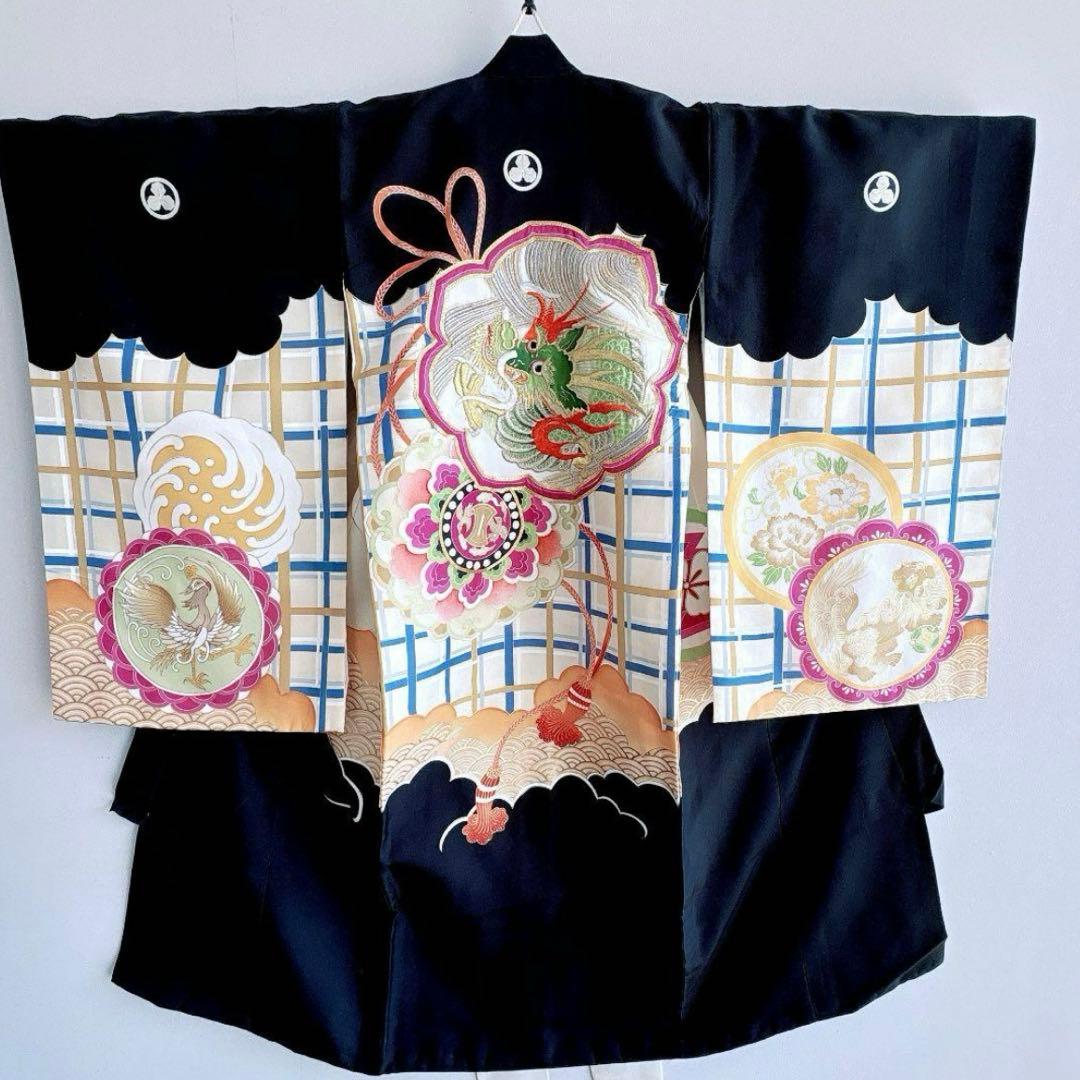 美品　豪華刺繍　お宮参り　産着　祝着　0歳　男の子　黒　龍　長襦袢なし　735
