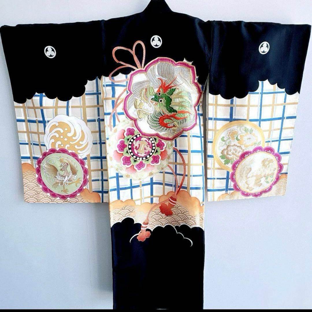 美品　豪華刺繍　お宮参り　産着　祝着　0歳　男の子　黒　龍　長襦袢なし　735