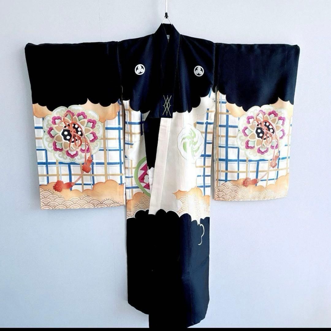 美品　豪華刺繍　お宮参り　産着　祝着　0歳　男の子　黒　龍　長襦袢なし　735