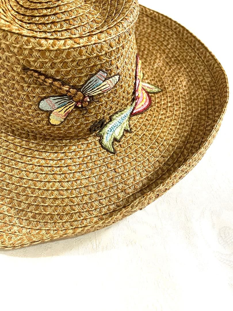 エリックジャビッツ　麦わら帽子　中折れ　刺繍　新品未使用　紙タグ付き　UPF50