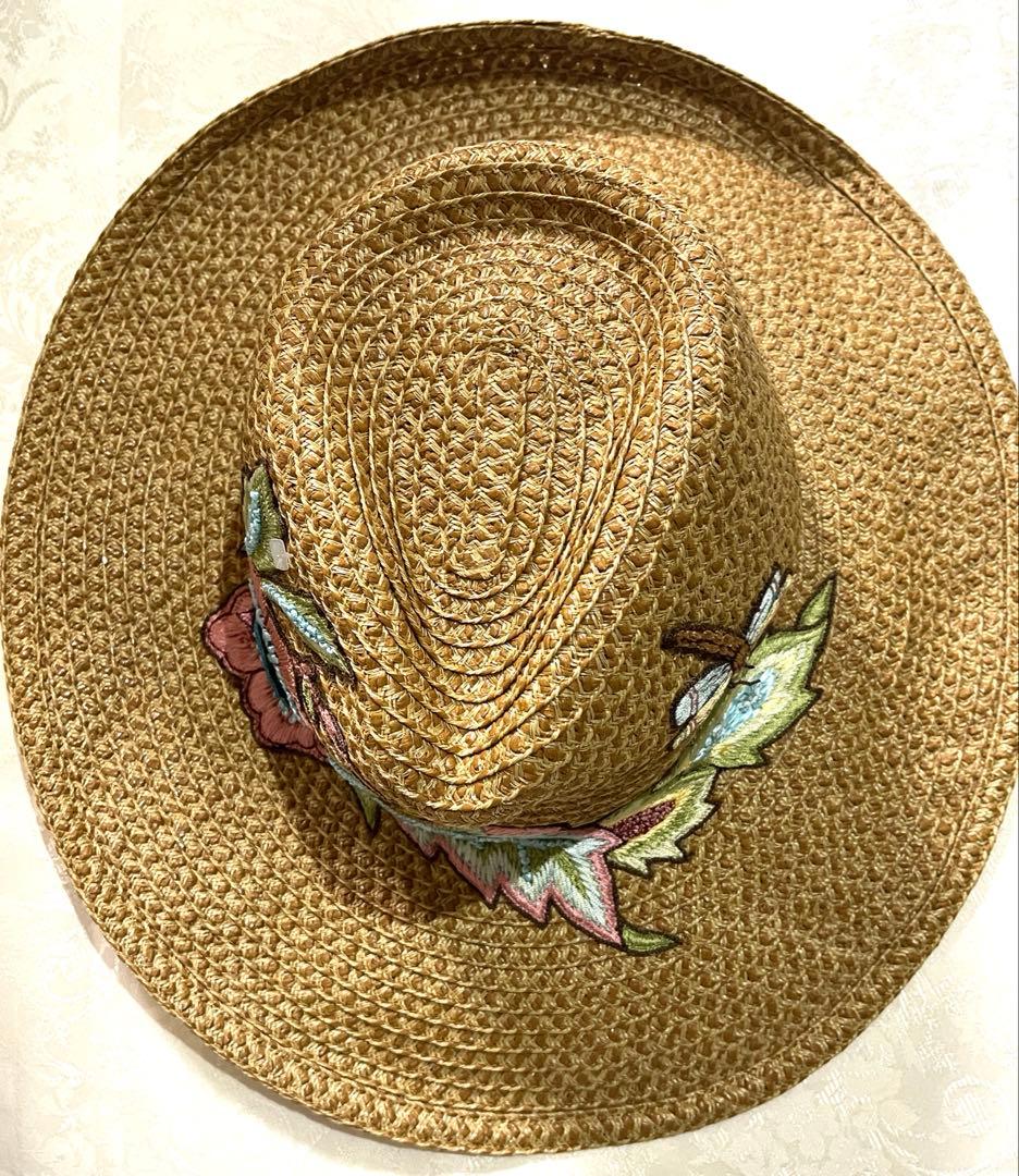 エリックジャビッツ　麦わら帽子　中折れ　刺繍　新品未使用　紙タグ付き　UPF50