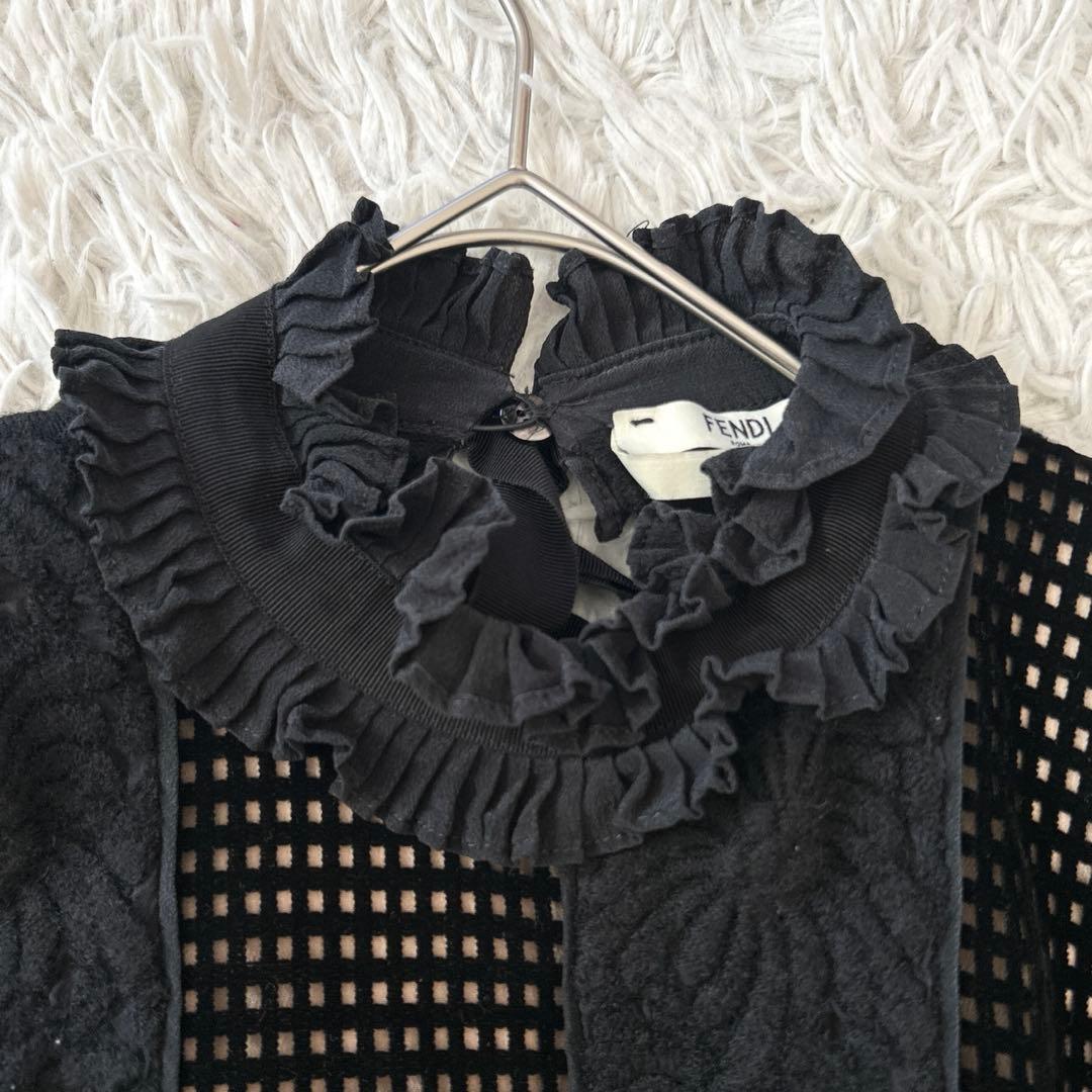 FENDIフェンディ　 ウールハイネックチュニック フリル透かしメッシュ刺繍