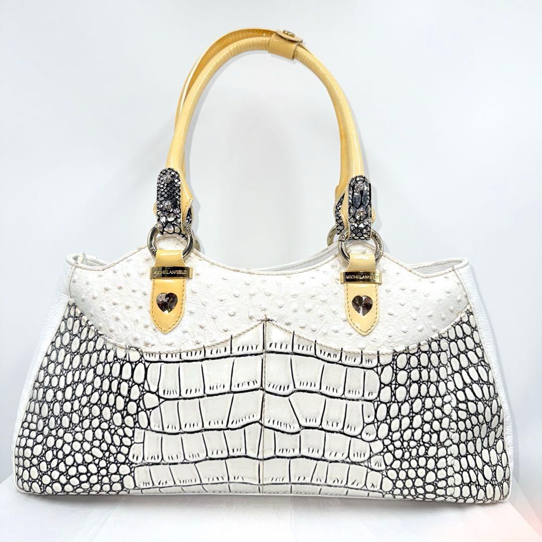 ✨良品✨ ミケランジェロ ビジュー 装飾 型押しレザー トート ハンドバッグ