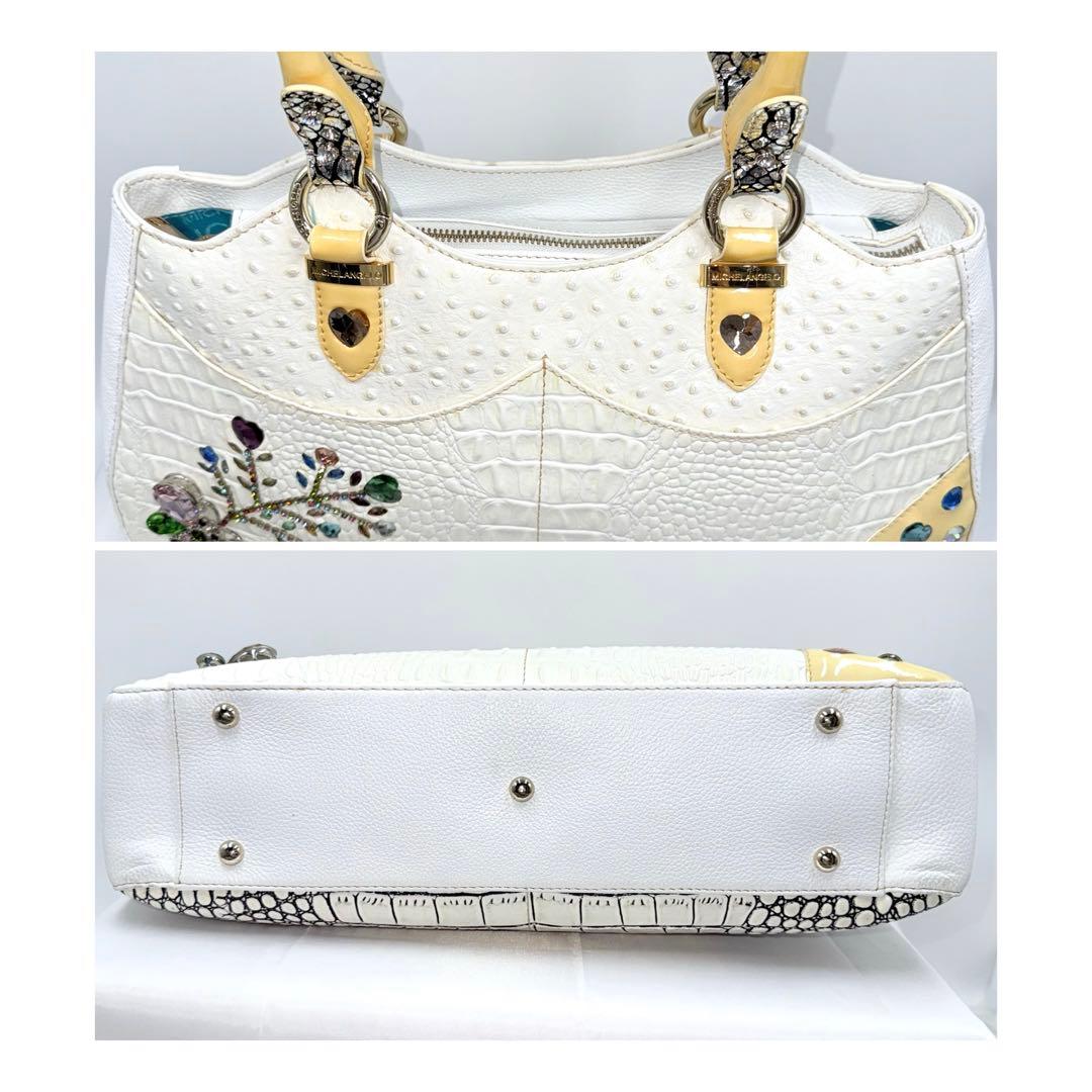 ✨良品✨ ミケランジェロ ビジュー 装飾 型押しレザー トート ハンドバッグ