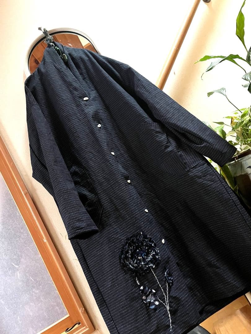 着物リメイク　久留米絣反物　ワンピース　チュニック　コート　花飾り　ハンドメイド