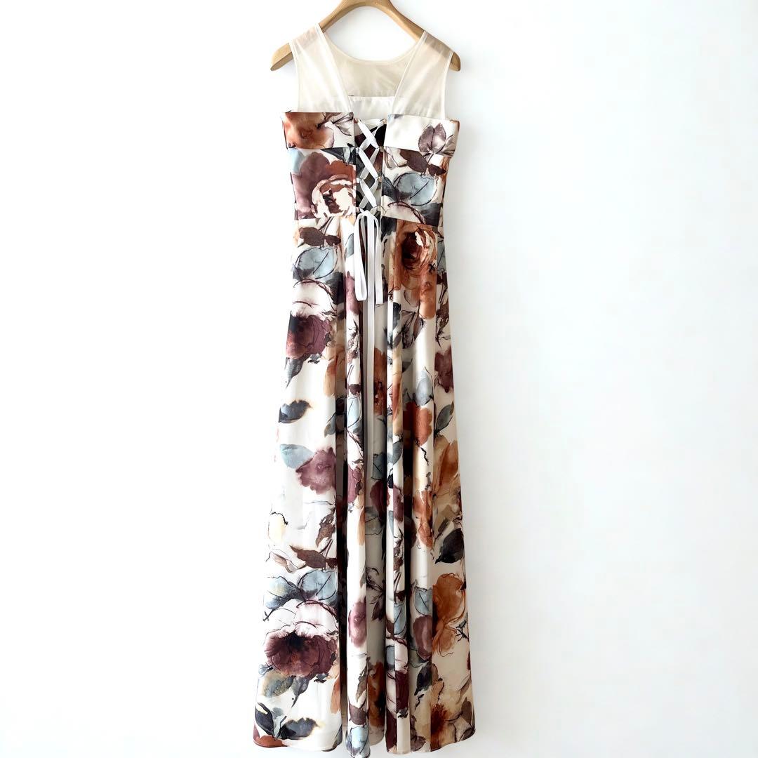 美品AIMER エメ ロングドレス 9号 ブラウン薔薇柄Aライン演奏会 ステージ