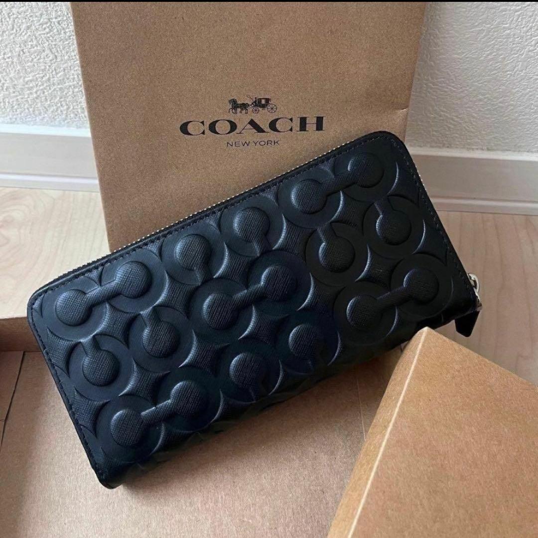 【人気】COACH コーチ 財布 ブラック エンボス加工 オプアート