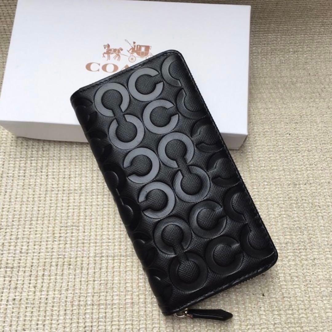 【人気】COACH コーチ 財布 ブラック エンボス加工 オプアート