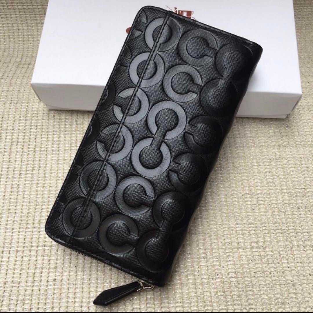 【人気】COACH コーチ 財布 ブラック エンボス加工 オプアート