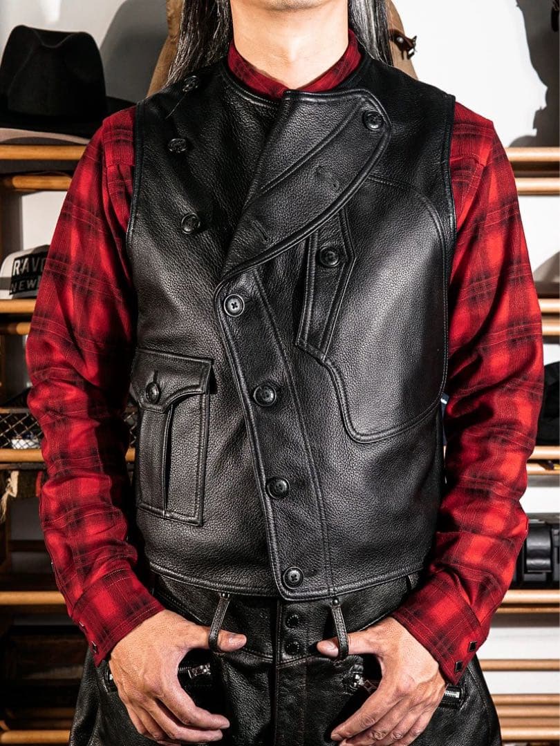 肉厚ゴートレザー製サンプルベスト／本水牛ボタン／REALSIMONS